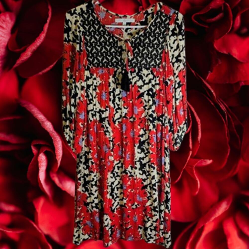 Fever small long sleeve rayon lined multi color embroidery accent yoke dress.